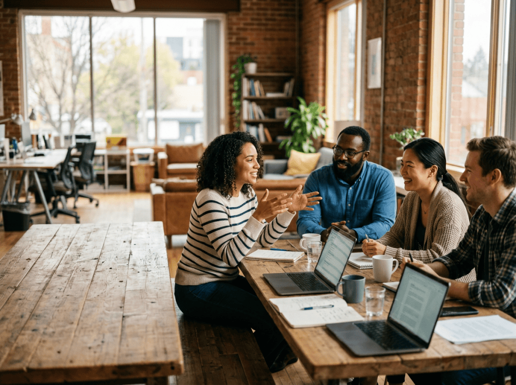 Four coworkers discussing ideas around a table with laptops and notebooks