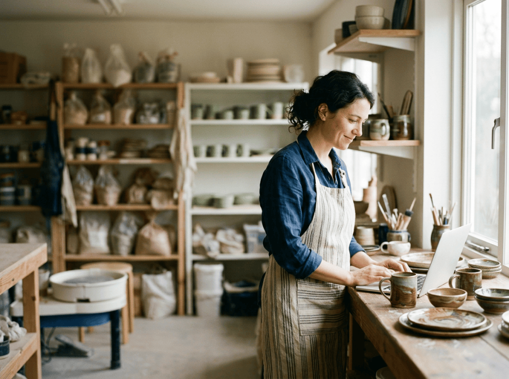 Ceramic artist using a laptop beside handmade pottery in her studio