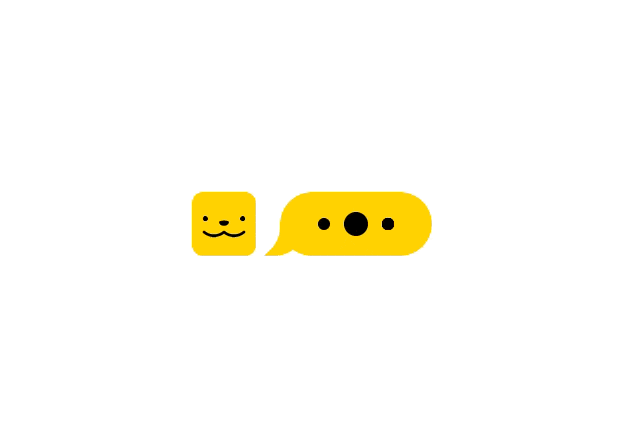 A simple yellow animation of a smiling face next to a speech bubble.