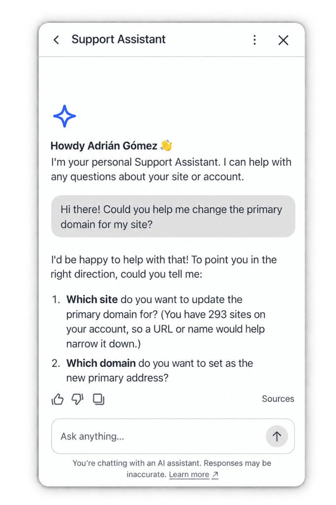 Support Assistant chat window.