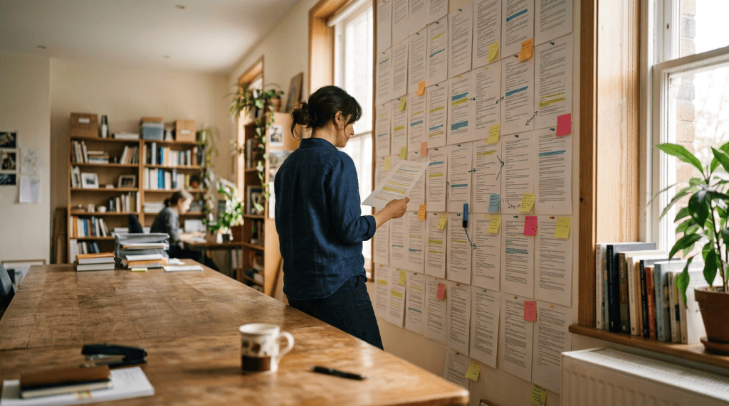 Woman reviewing a document beside a wall of project notes
