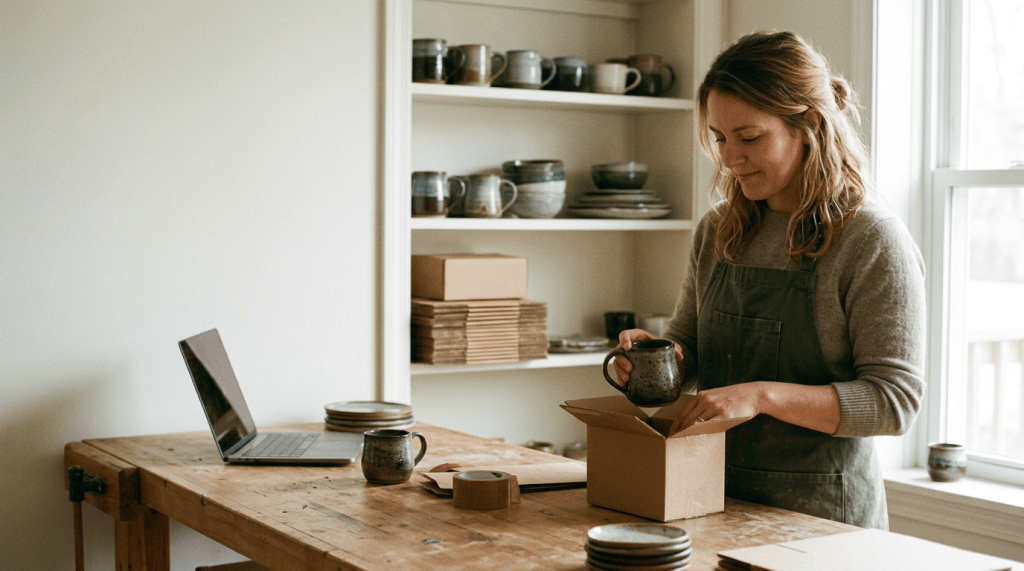 Ceramicist packing mug in home studio